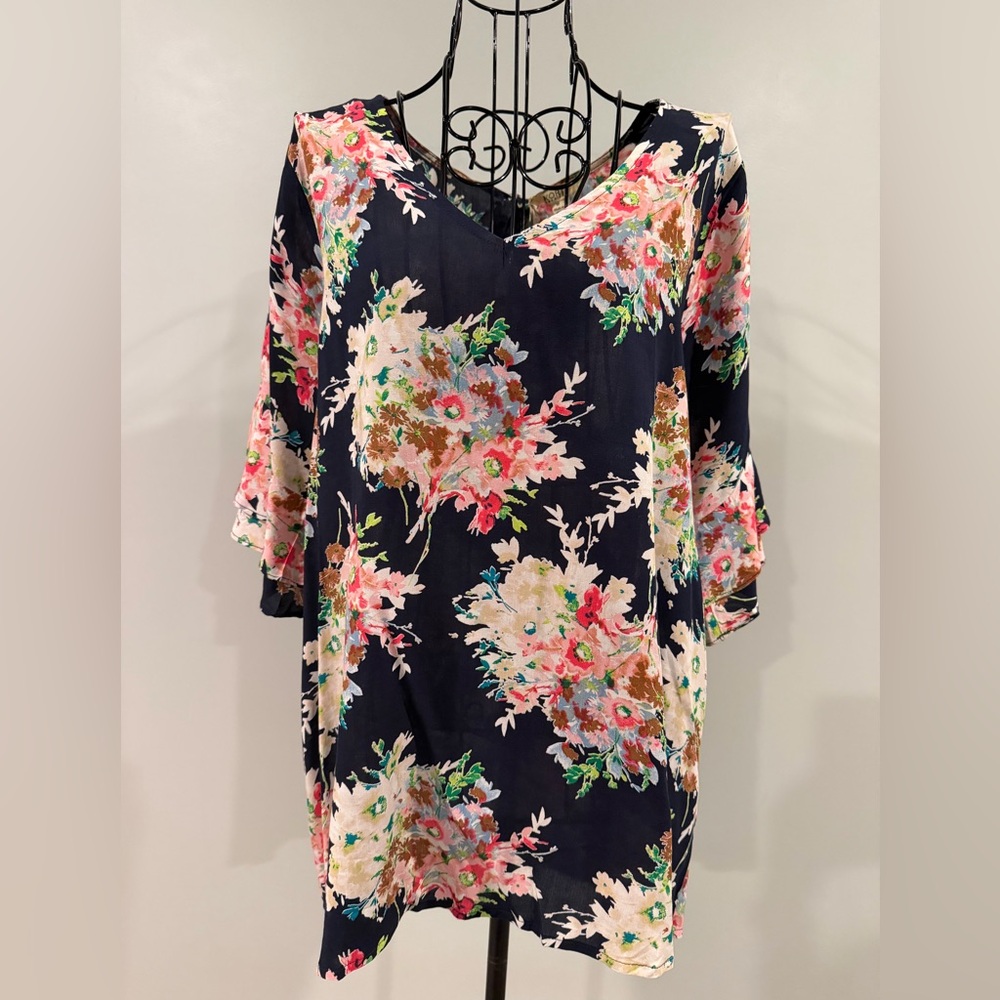 Kori Navy Floral V-Neck Blouse